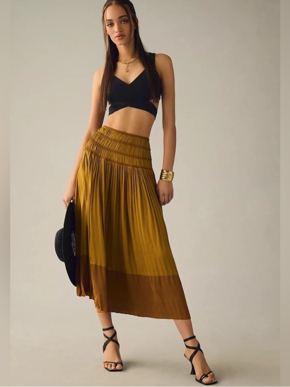 Anthropologie Tiered A-Line Midi Skirt in Bronze Gold Size S NWOT